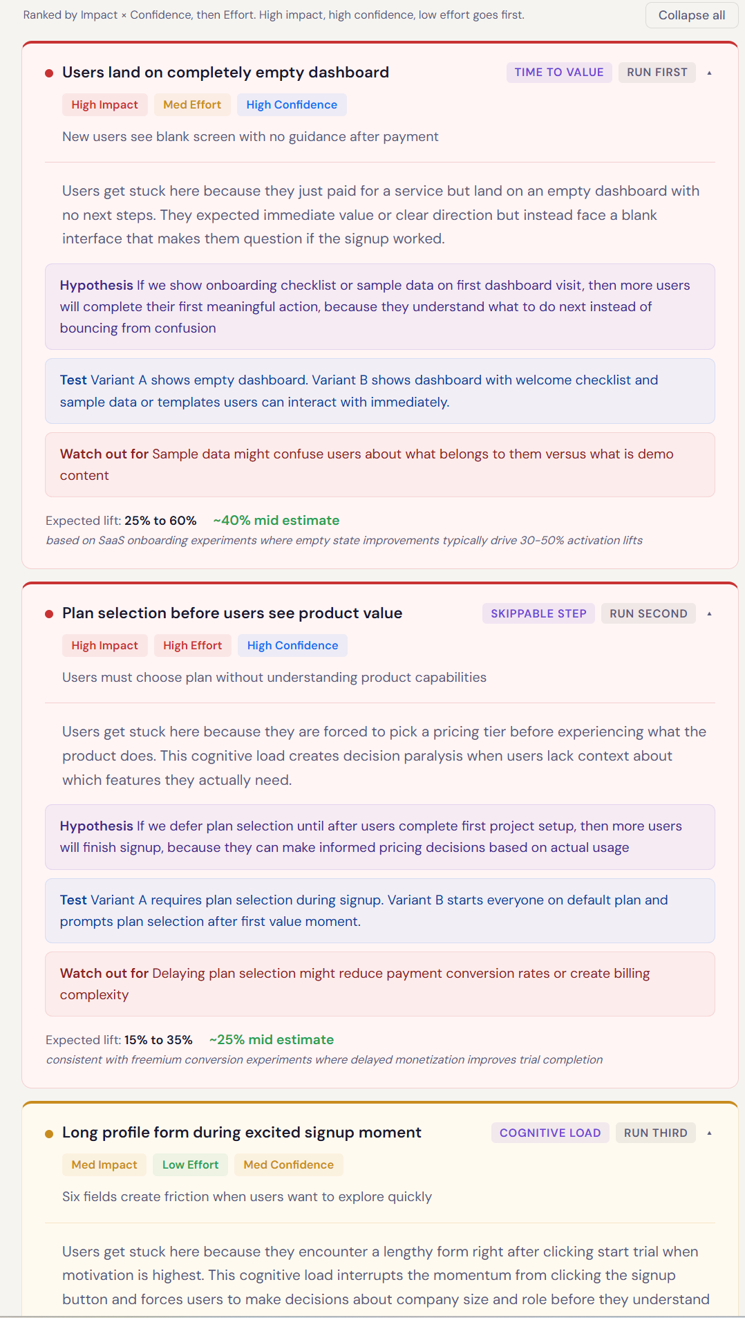 Expanded Activation Lab friction card showing hypothesis, test variant, watch-outs, and expected lift range