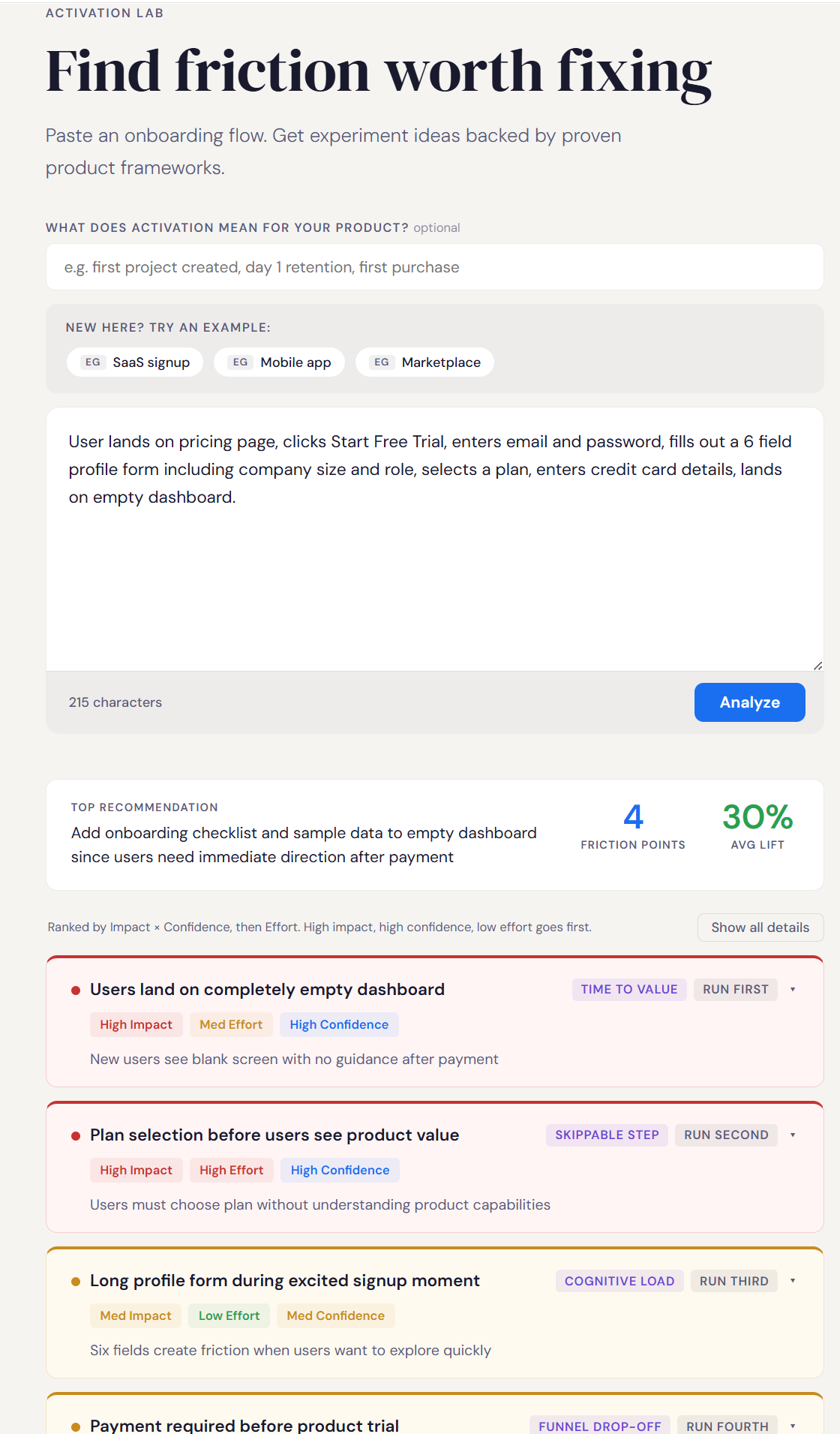 Activation Lab analyzing an onboarding flow and returning four ranked friction points with framework tags, run order, and expected lift
