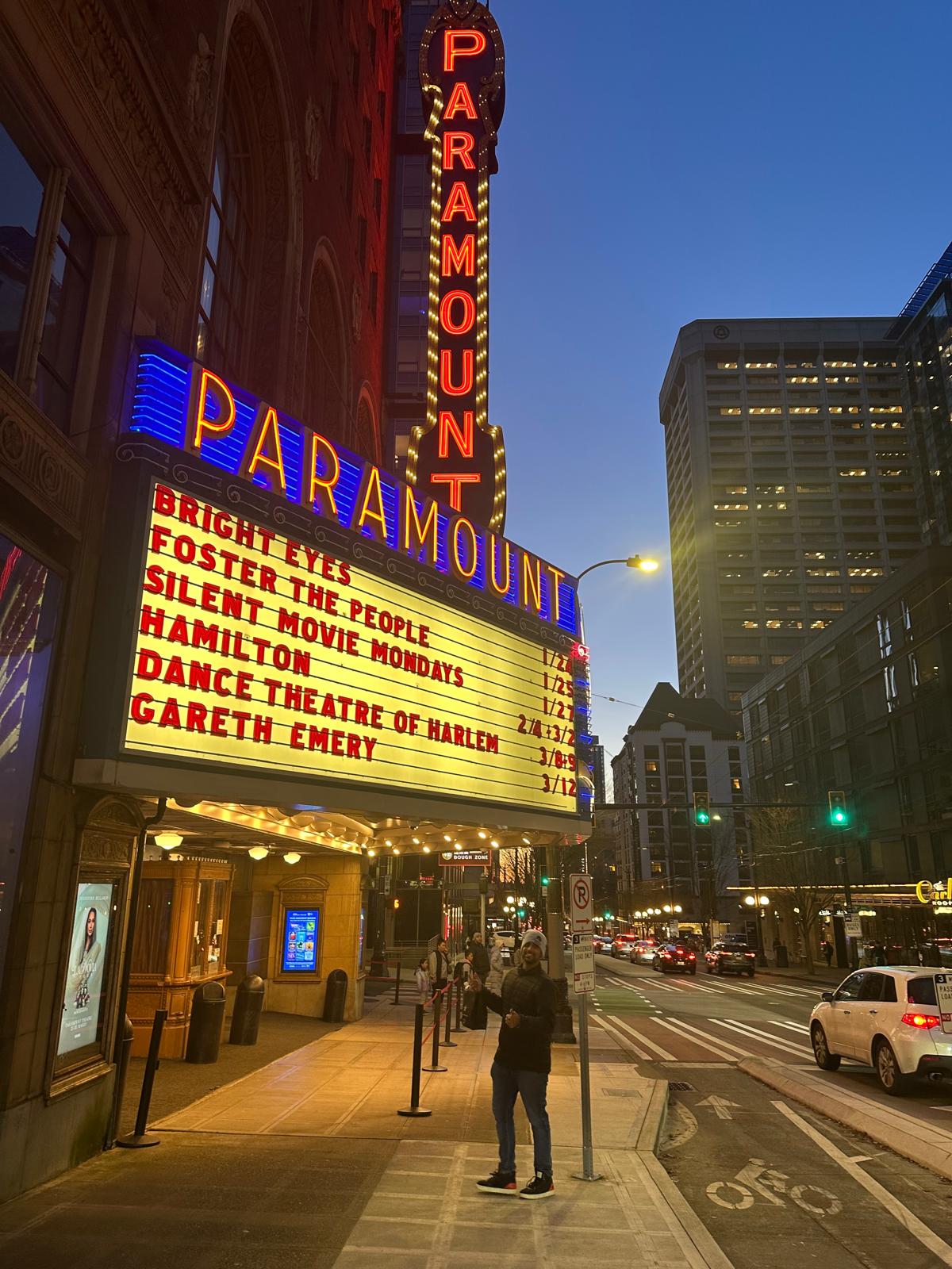 Paramount Theatre marquee in Seattle at night