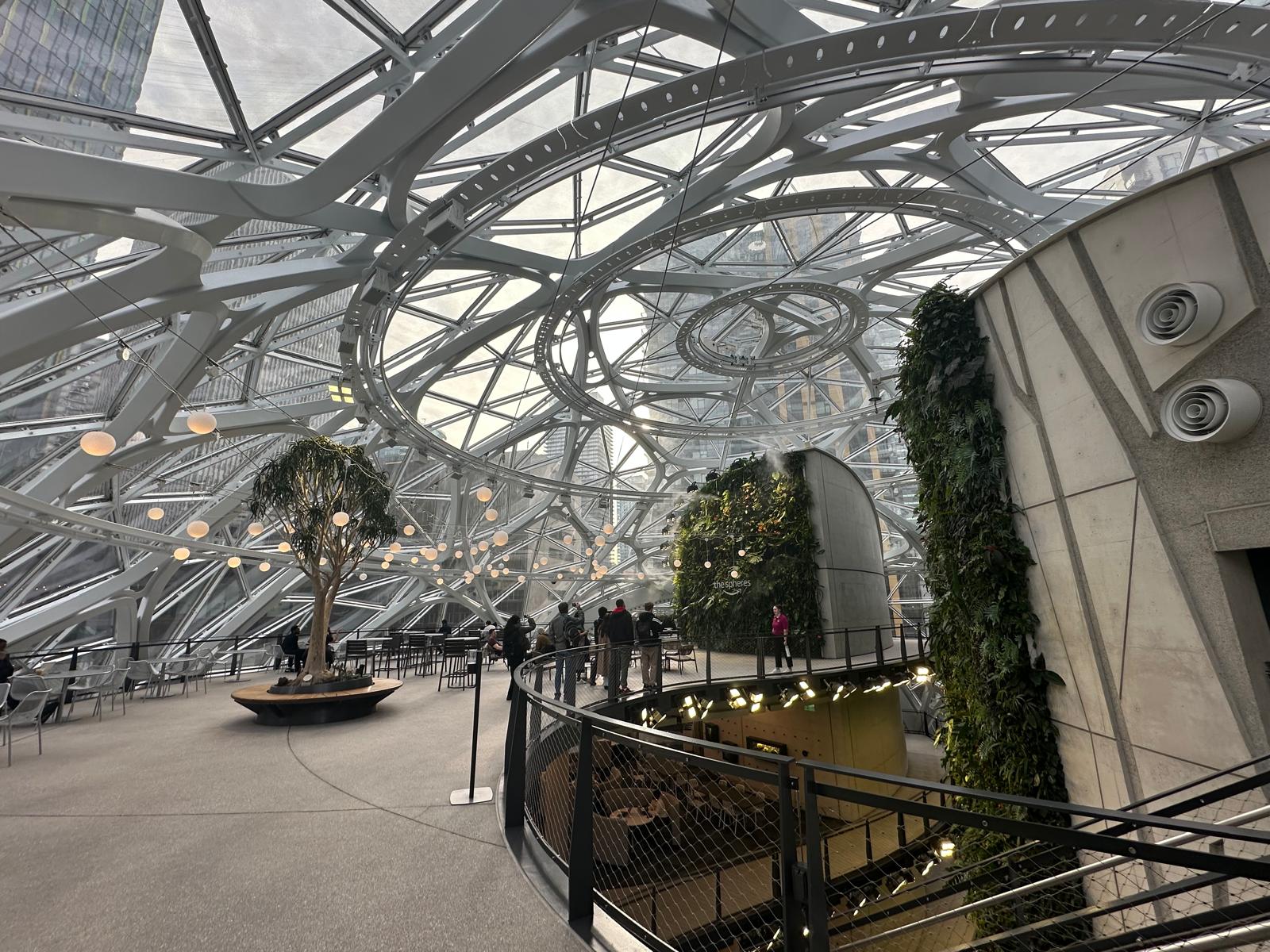 Inside Amazon The Spheres in Seattle with glass dome and living walls